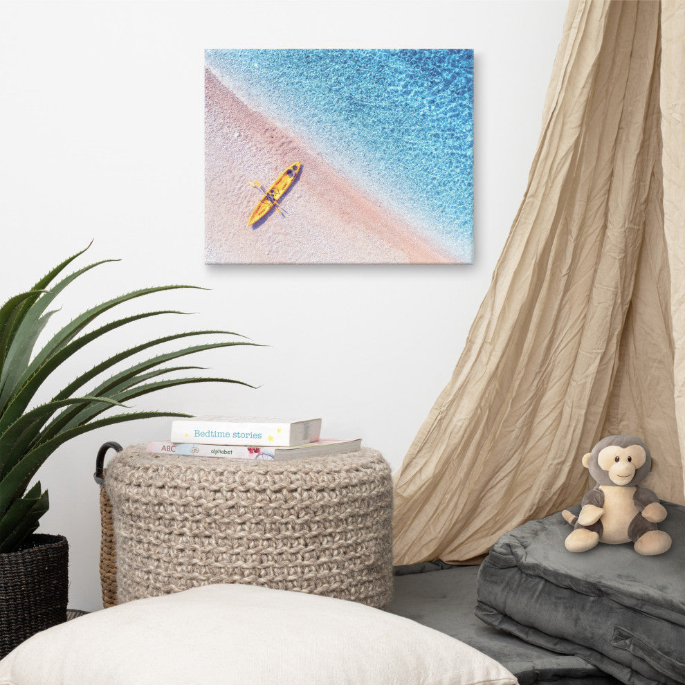 Yellow Canoe and Blue Sea by with Violet Glow Landscape Photo Canvas Art Print, 16" X 20"