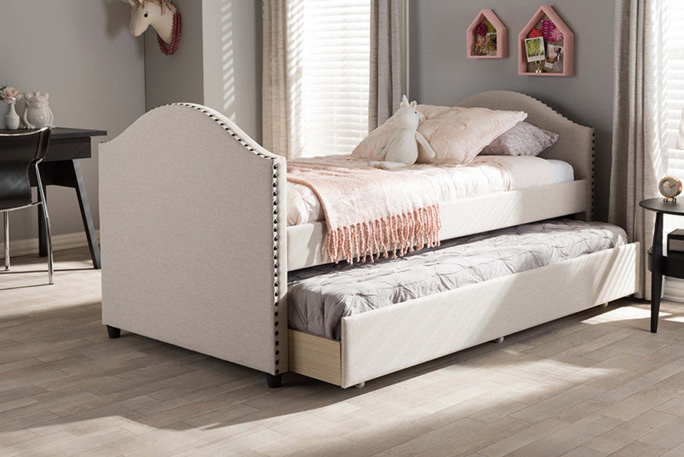 Sabrina Fabric Upholstered Daybed With Trundle Bed, Beige