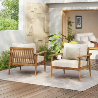 Oskimor Outdoor Mid-Century Lounge Chair With Cushions, Teak/Beige, Set of 2