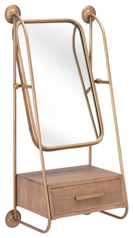 Gold Mirror Shelf With Birch Drawer