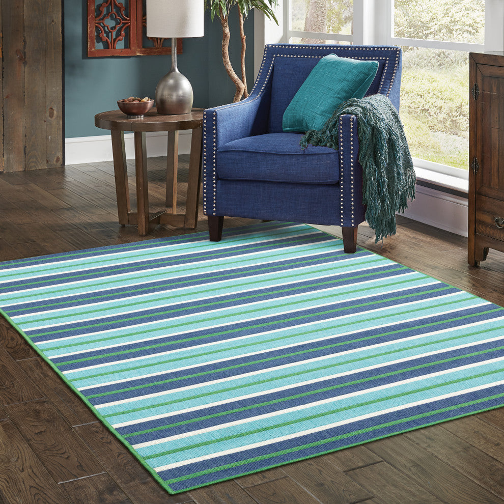 Madelina Stripe Blue and Green Indoor or Outdoor Area Rug, 7'10"x10'10"