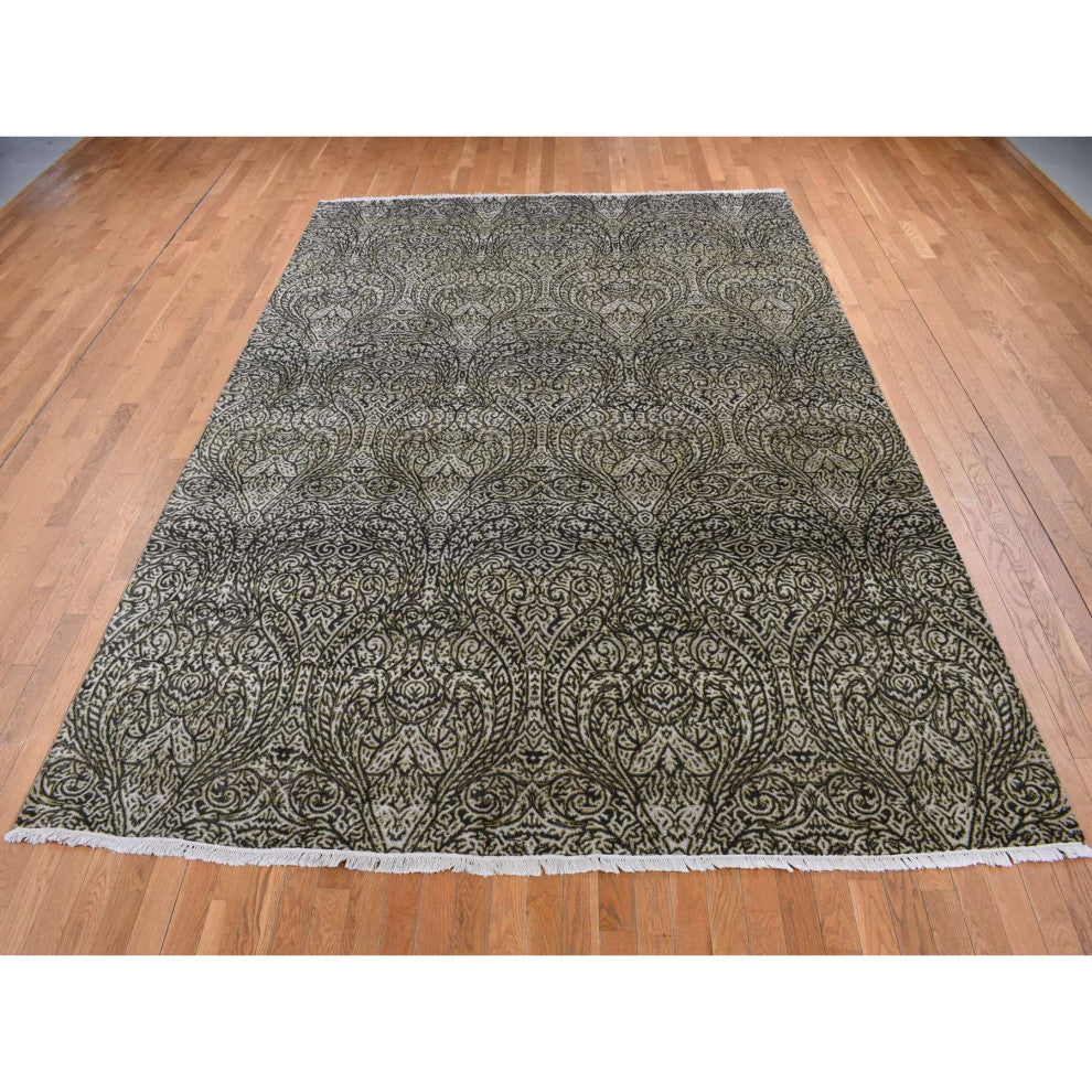 Jet Gray, Hand Knotted, Mughal Influence, Wool With Real Silk Rug, 8'8"x12'3"