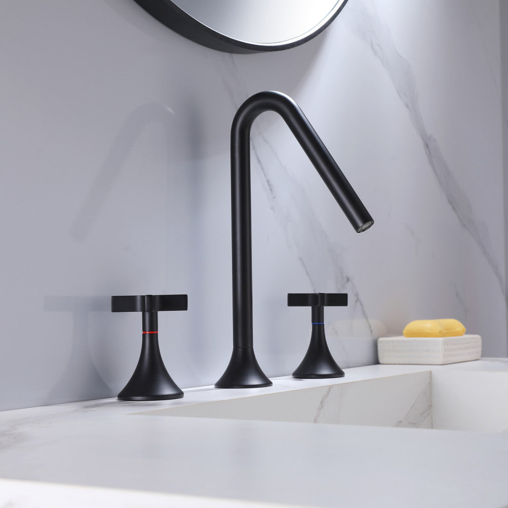 Deck Mounted Dual Cross Handles Bathroom Sink Faucet, Matte Black