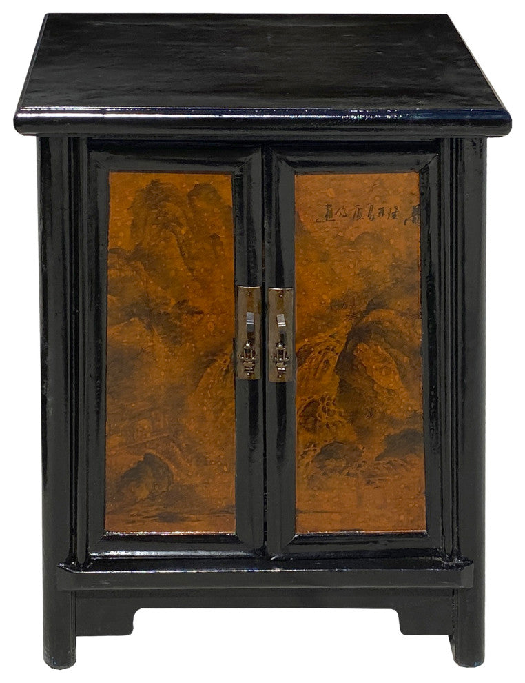 Chinese Distressed Black Yellow Scenery Graphic End Table Nightstand Hcs7348