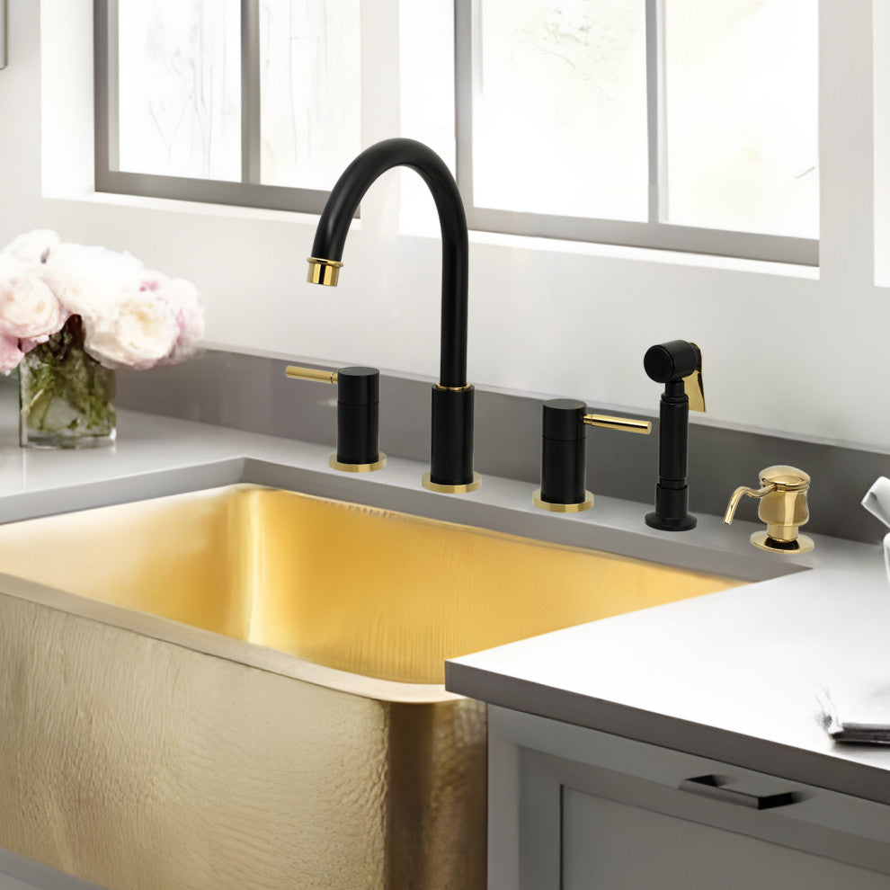 Two-Handles Copper Widespread Kitchen Faucet With Side Sprayer, Matte Black & Gold