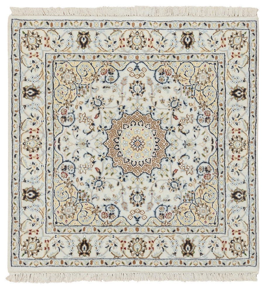 Ivory 250 KPSI Nain Flower Design Wool and Silk Hand Knotted Rug, 3'0"x3'1"