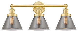 Edison Large Cone 3-Light 25" Vanity Light, Satin Gold With Plated Smoke Shade