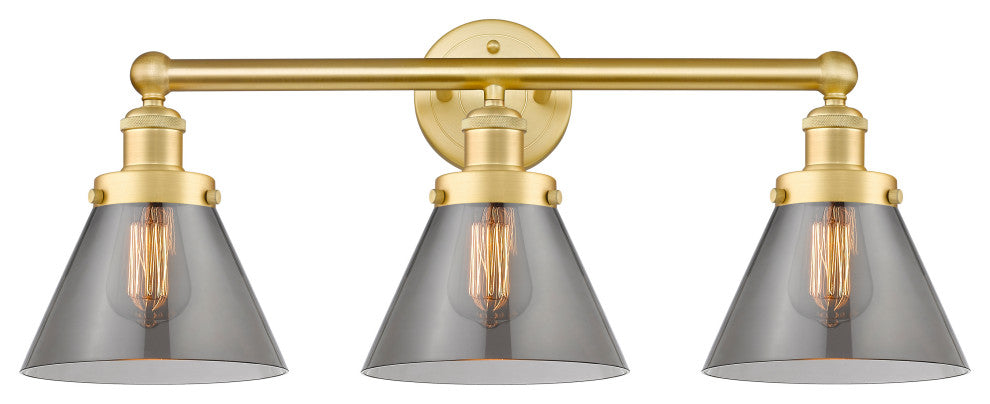 Edison Large Cone 3-Light 25" Vanity Light, Satin Gold With Plated Smoke Shade