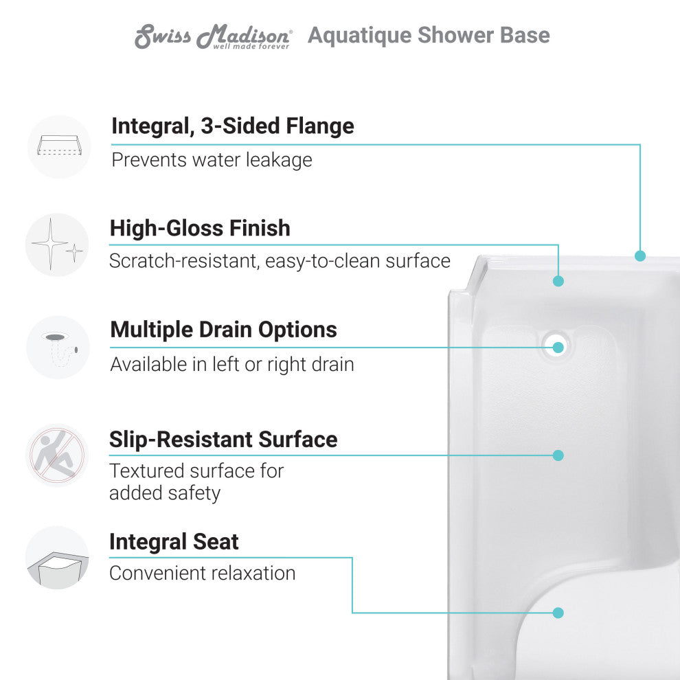 Aquatique 60"x32" Single Threshold Shower Base, White