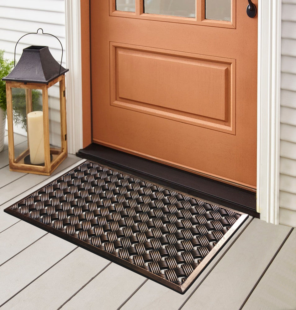 Outdoor Mat, Natural Rubber, 18"x30" Heavy Duty Doormat, Copper Checkered