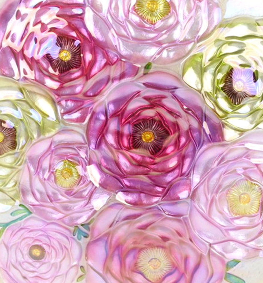 18" Holographic Painted Floral Glass Plate Bird Bath Bowl Decorative Yard Art