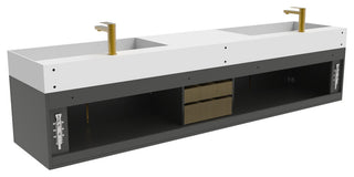 CastelloUSA Amazon 84" Wall Mounted Vanity Set, Black, White Top, Gold Handles