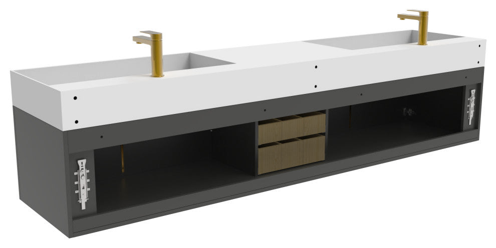 CastelloUSA Amazon 84" Wall Mounted Vanity Set, Black, White Top, Gold Handles
