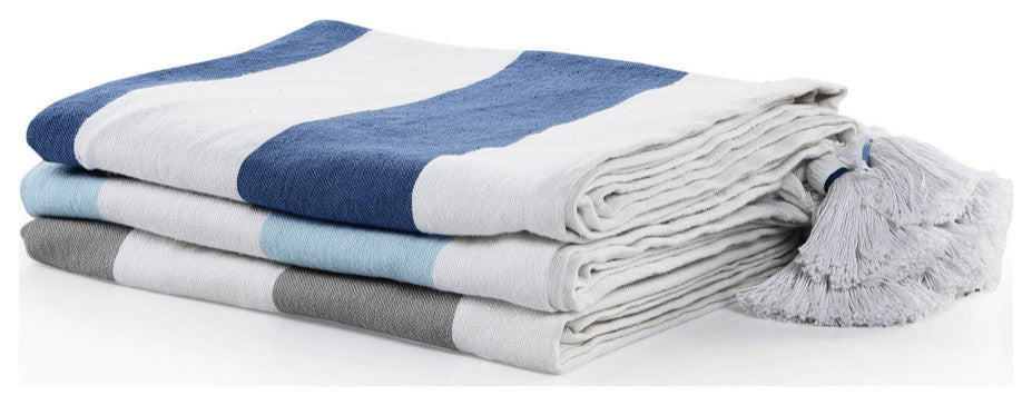Blue and White Woven Cotton Striped Throw Blanket