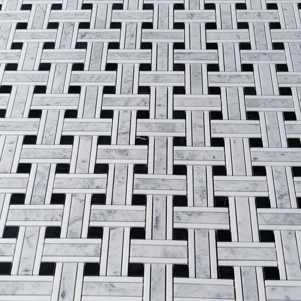 Carrara White Marble Twine Basketweave Mosaic Tile Black White Honed, 1 sheet
