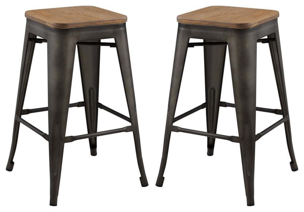 Counter Stool Chair, Set of 2, Wood, Metal, Brown, Modern, Bar Pub Restaurant