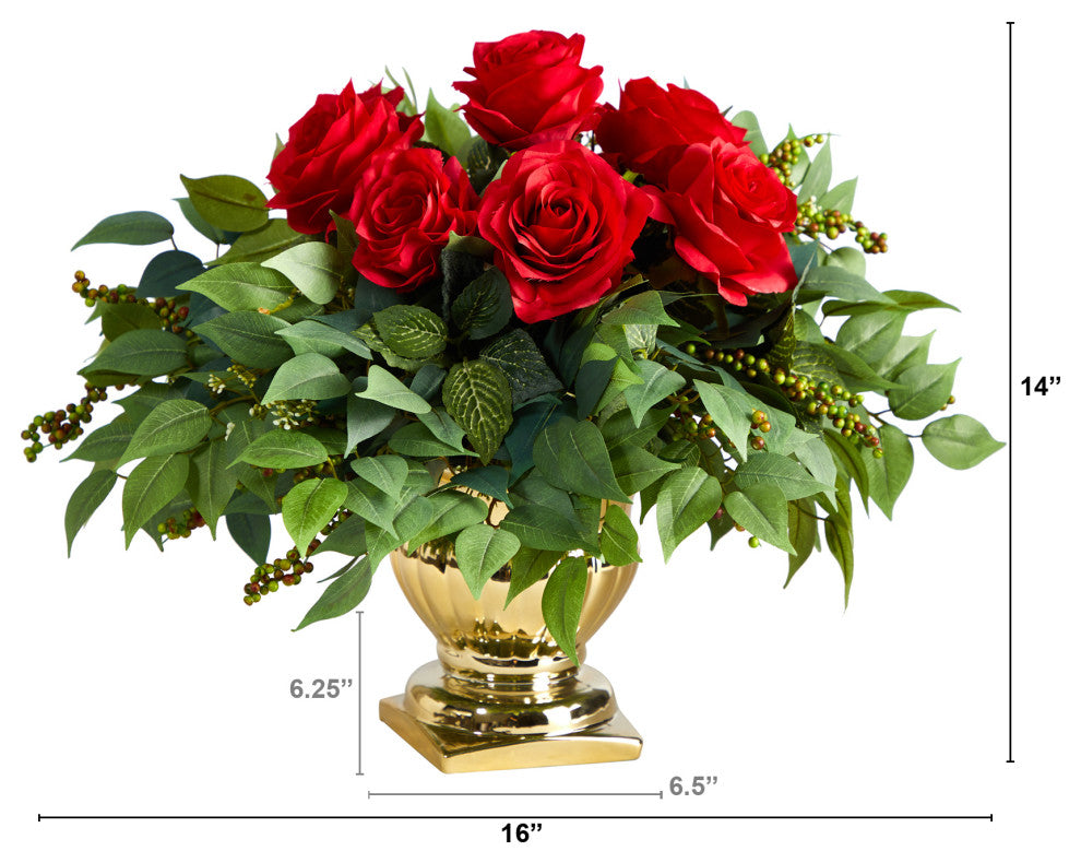 14" Rose Artificial Arrangement, Gold Urn