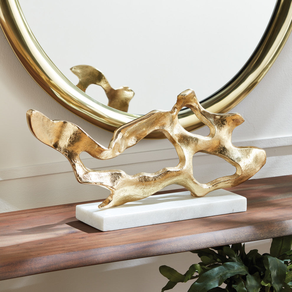 Wide Abstract Driftwood Shape Sculpture Coastal Modern White Marble Gold Metal