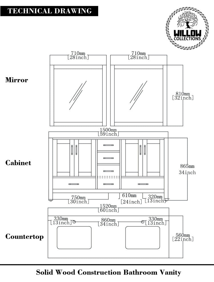 Malibu Mango 60 Double Sink Bathroom Vanity in White Washed 2" Carrara Quartz