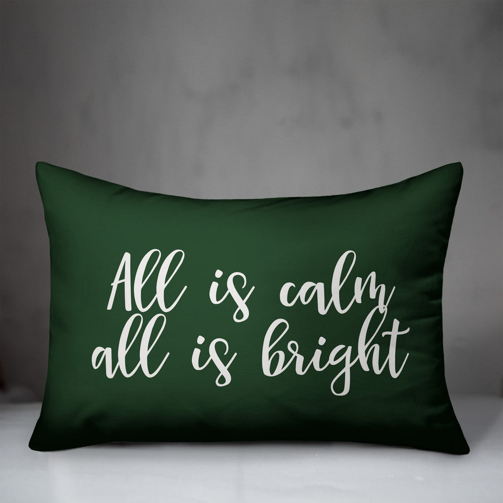 All Is Calm, All Is Bright, Dark Green 14x20 Lumbar Pillow
