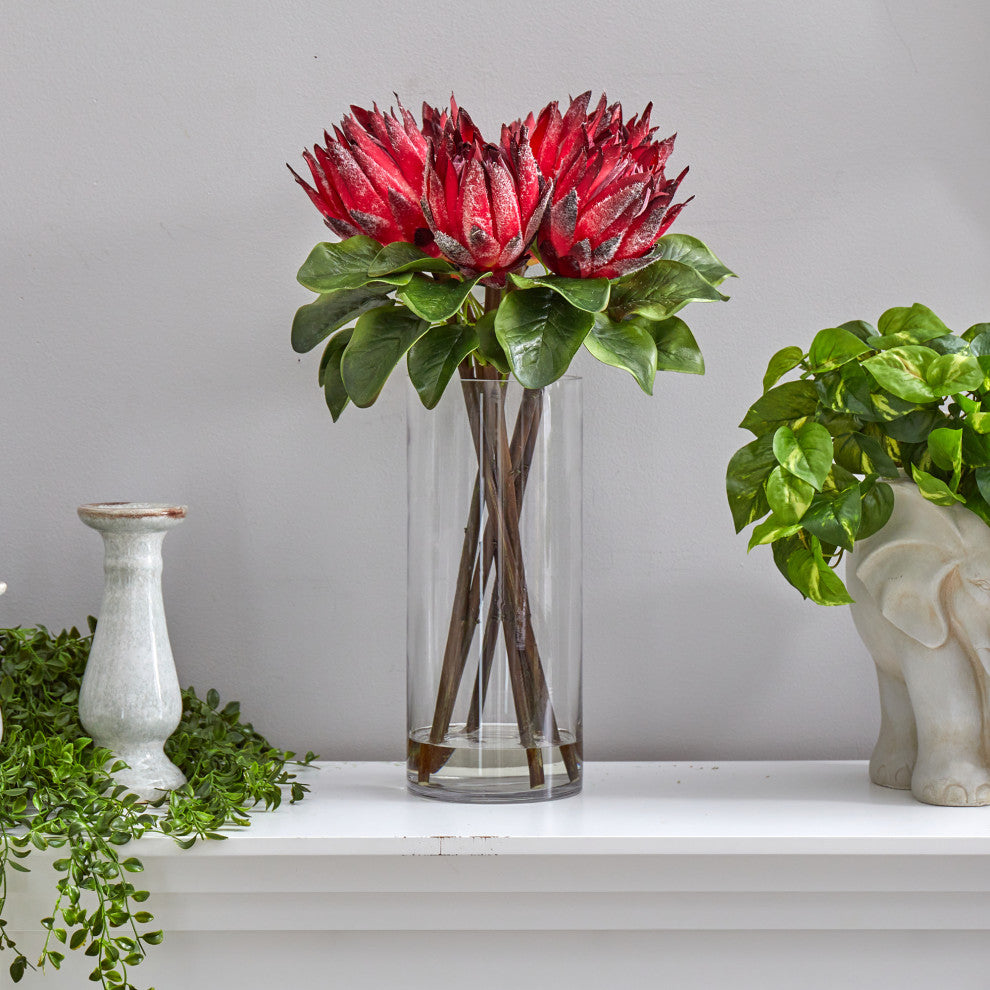 Nearly Natural 22" King Protea Artificial Arrangement, Glass Vase