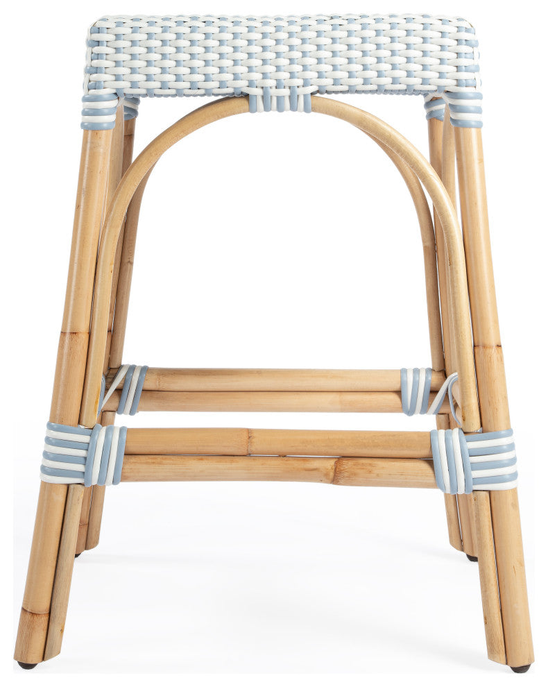 Robias Rectangular Rattan 24.5" Counter Stool, Blue and White