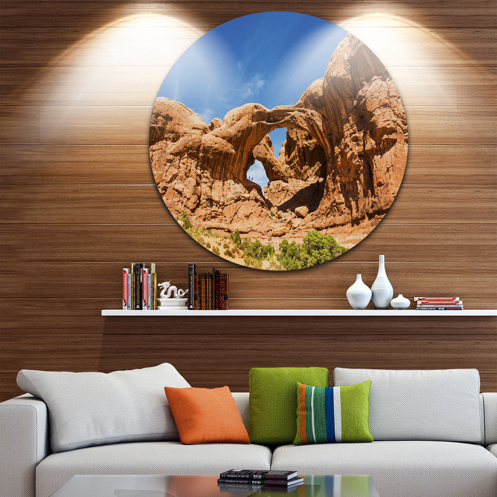 Double Arch In Arches National Park, Photo Round Metal Wall Art, 23"
