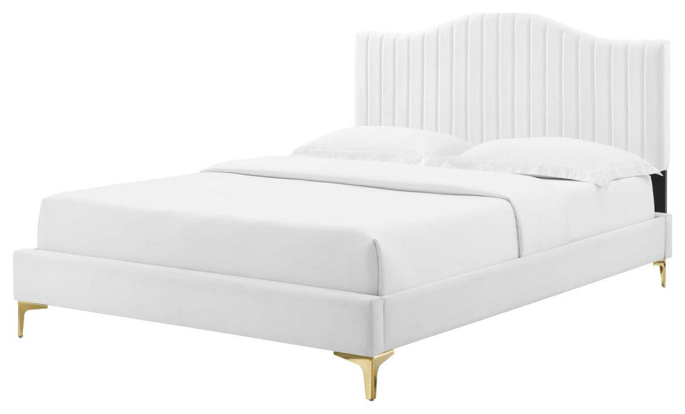Tufted Platform Bed Frame, King Size, Velvet, White, Modern Contemporary