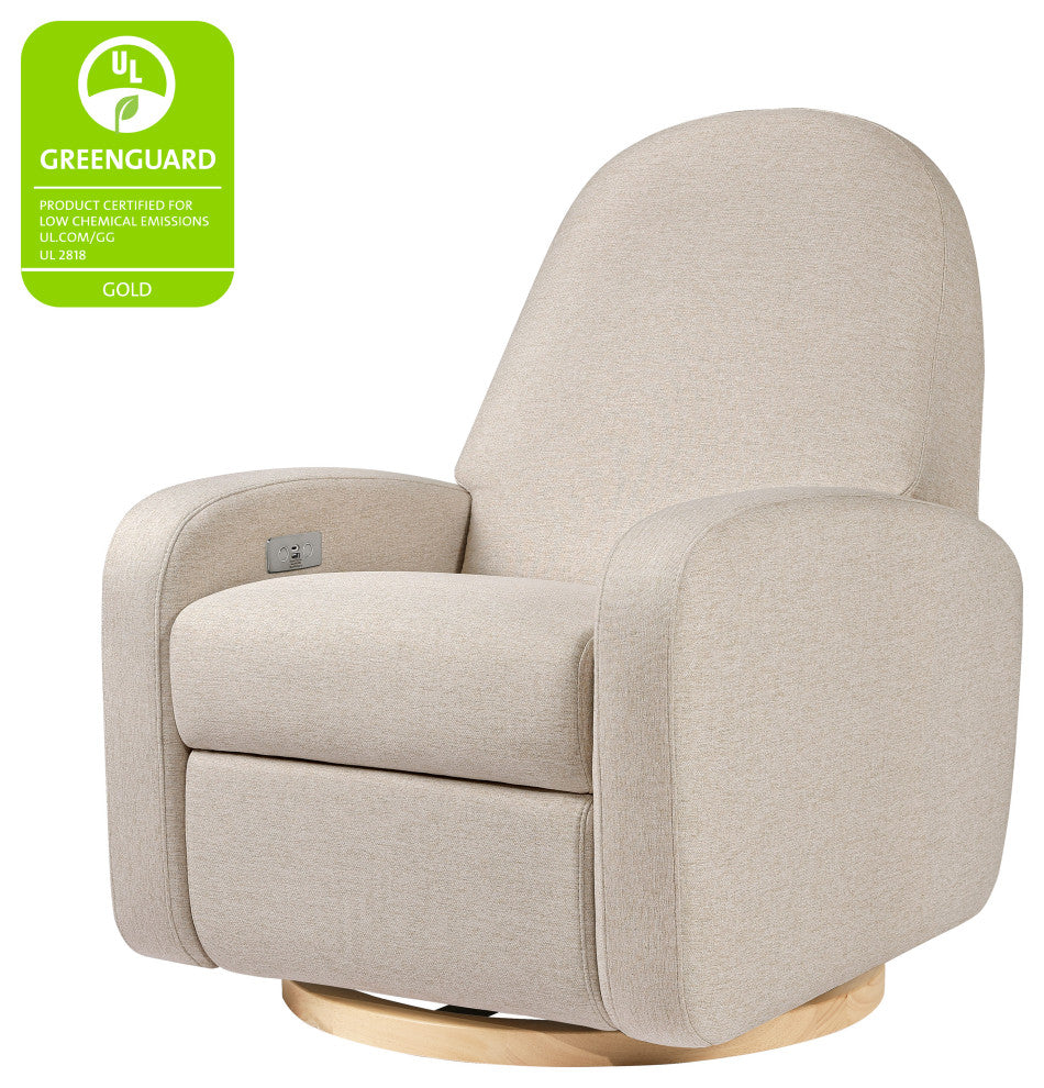 Nami Electronic Recliner and Swivel Glider Recliner, Boucle With USB port, Performance Beach Eco-Weave With Light Wood Base