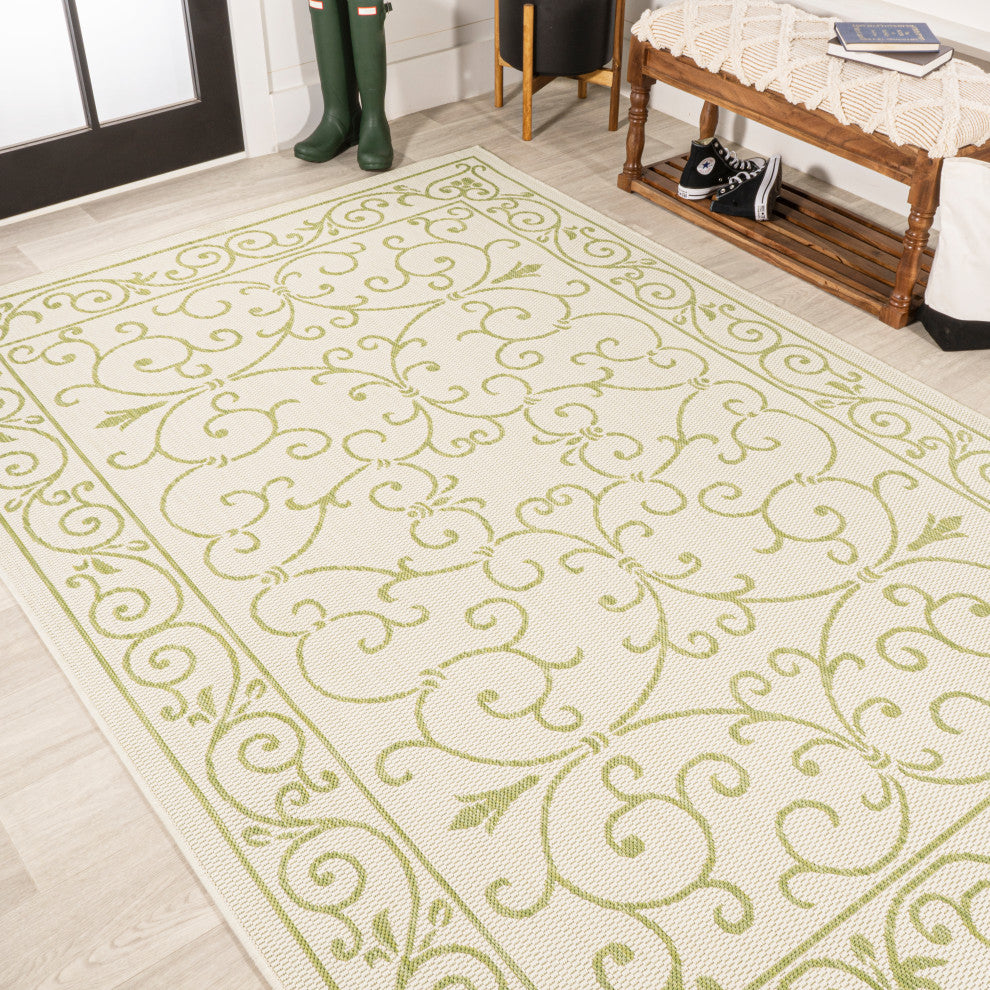 Charleston Filigree Textured Weave Indoor/Outdoor, Cream/Green, 9 X 12