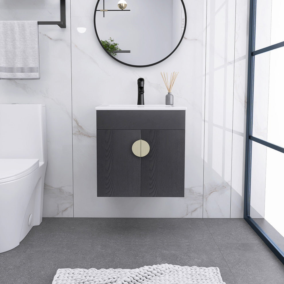 20 Inches Plywood Wall-Mounted Bath Vanity Set, Ceramic Sink