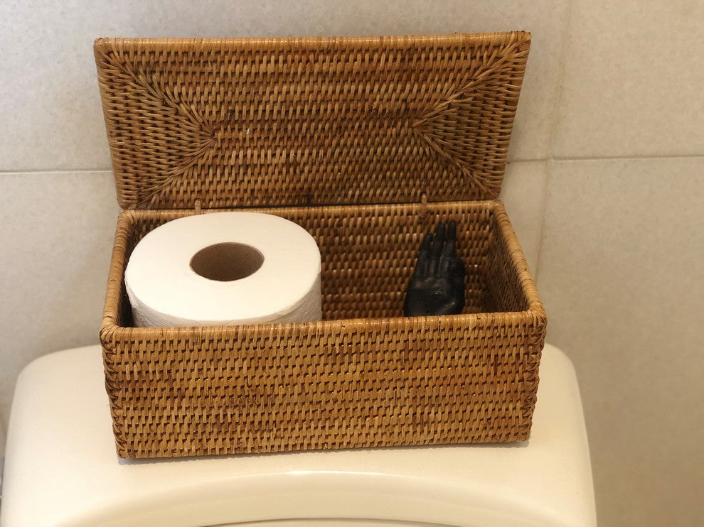 Artifacts Rattan™ Rectangular Double Toilet Roll Holder with Hinged Lid, Honey Brown