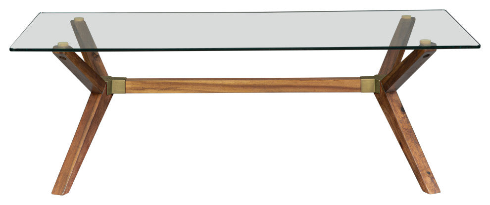 Mid-Century Modern Glass Coffee Table, Walnut Stain