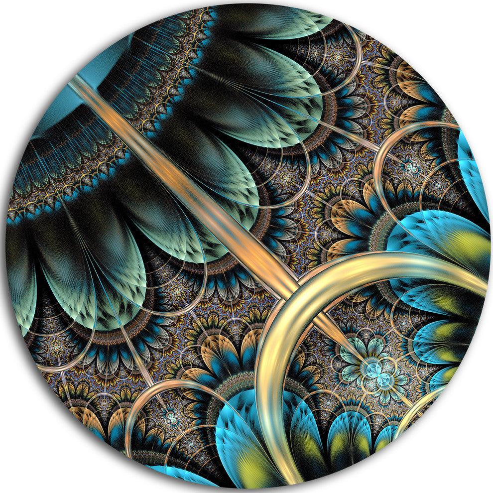 Blue Brown Fractal Floral Pattern, Floral Round Metal Wall Art, 23"