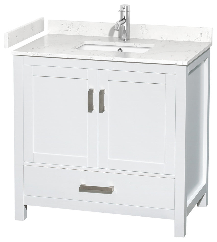36" Single Bathroom Vanity, White, Carrara Cultured Marble Countertop, Sink