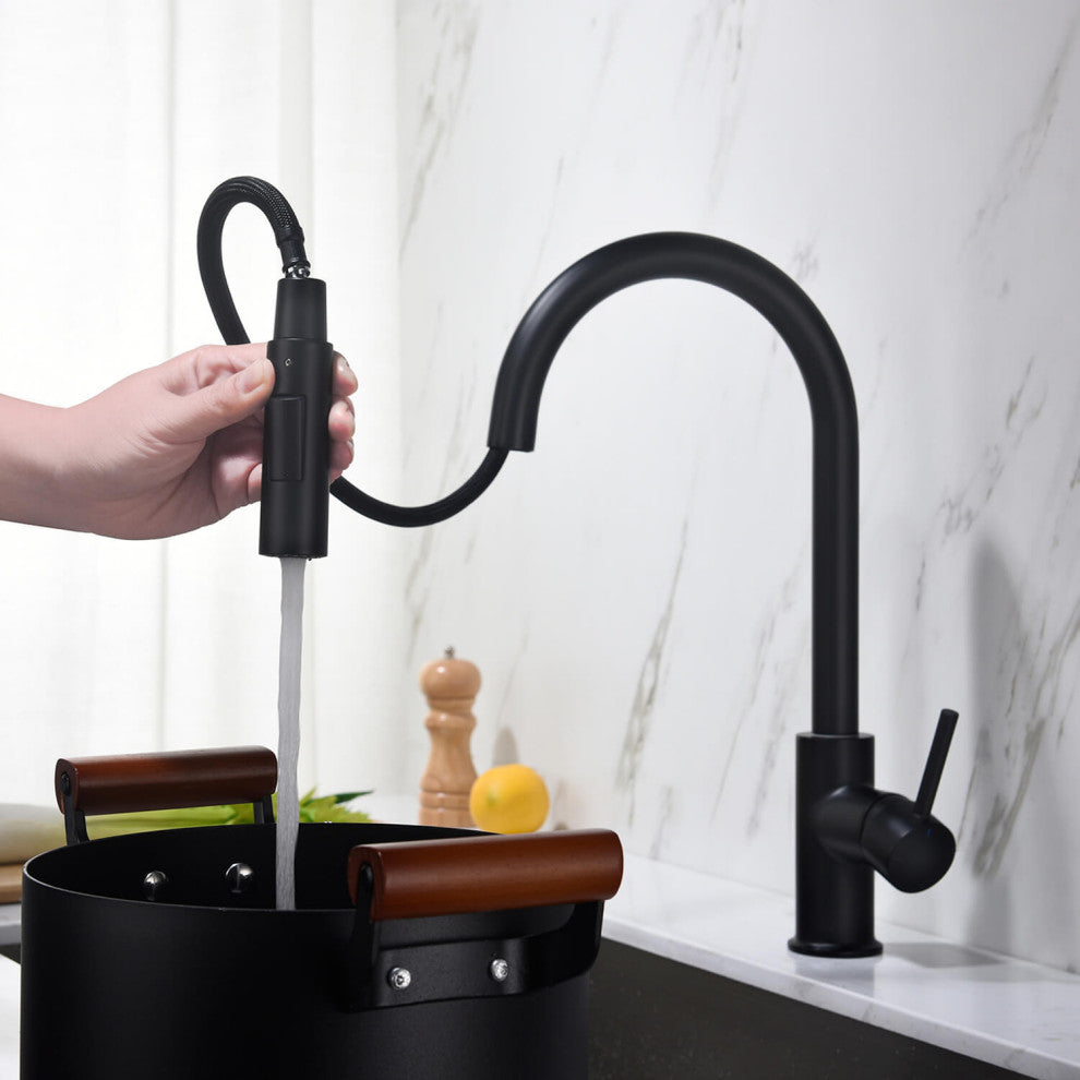 Circular Single Handle Pull Down Kitchen Faucet, Matte Black