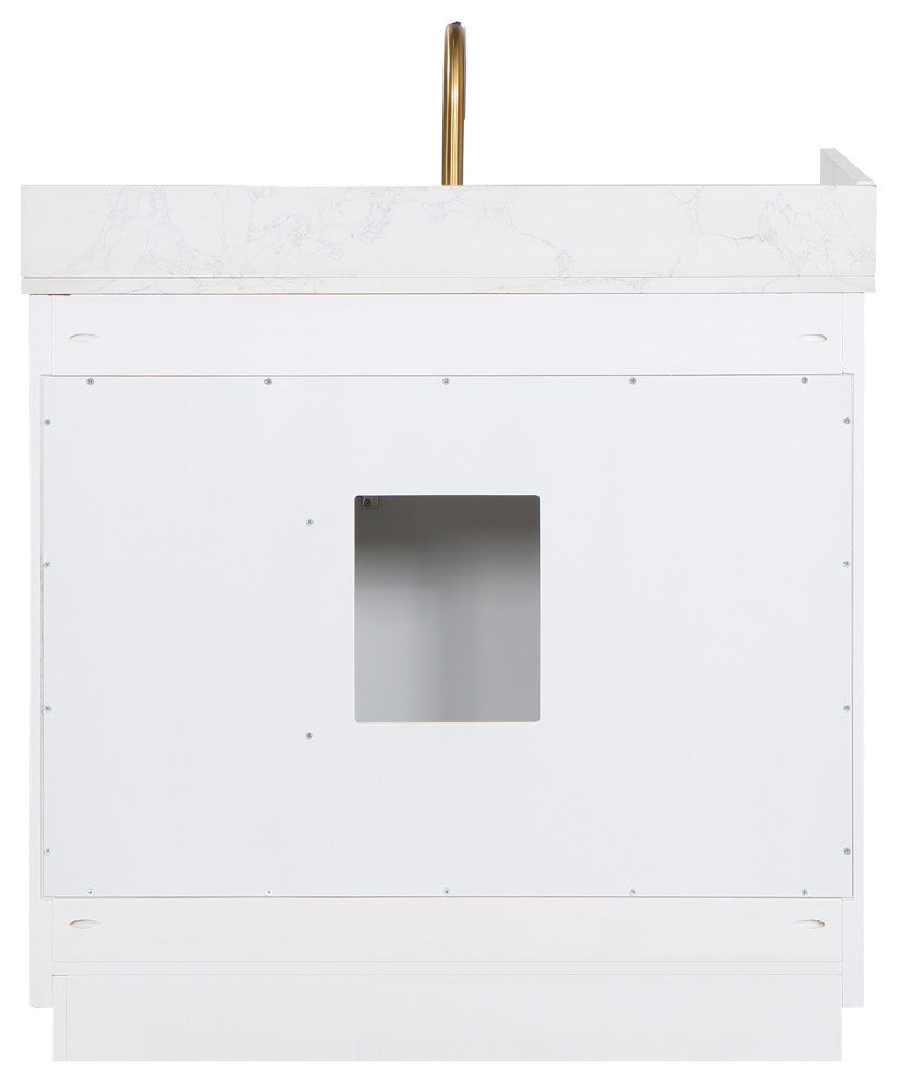 Gavino Vanity With Grain White Composite Stone Top, White/Brushed Gold, 36", No Mirror