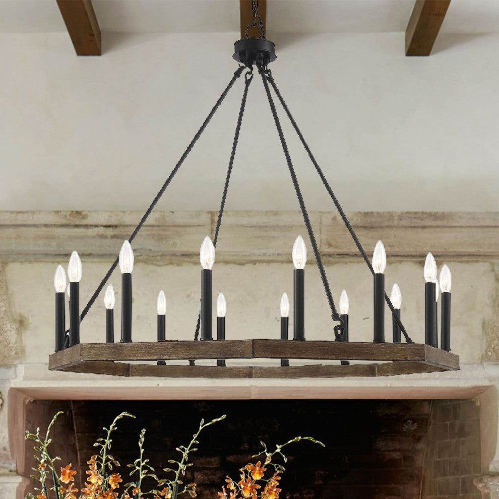 16-Light Octagonal Chandelier, California Walnut/Classic Black