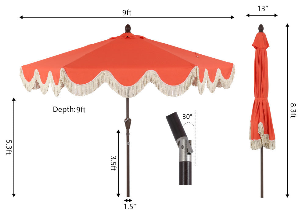 9ft Tassel Patio Umbrella Auto-Tilt, Crank, Red, 107L x 107W x 99H