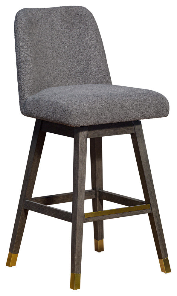Amalie Swivel Bar Stool in Grey Oak Wood Finish with Grey Boucle Fabric