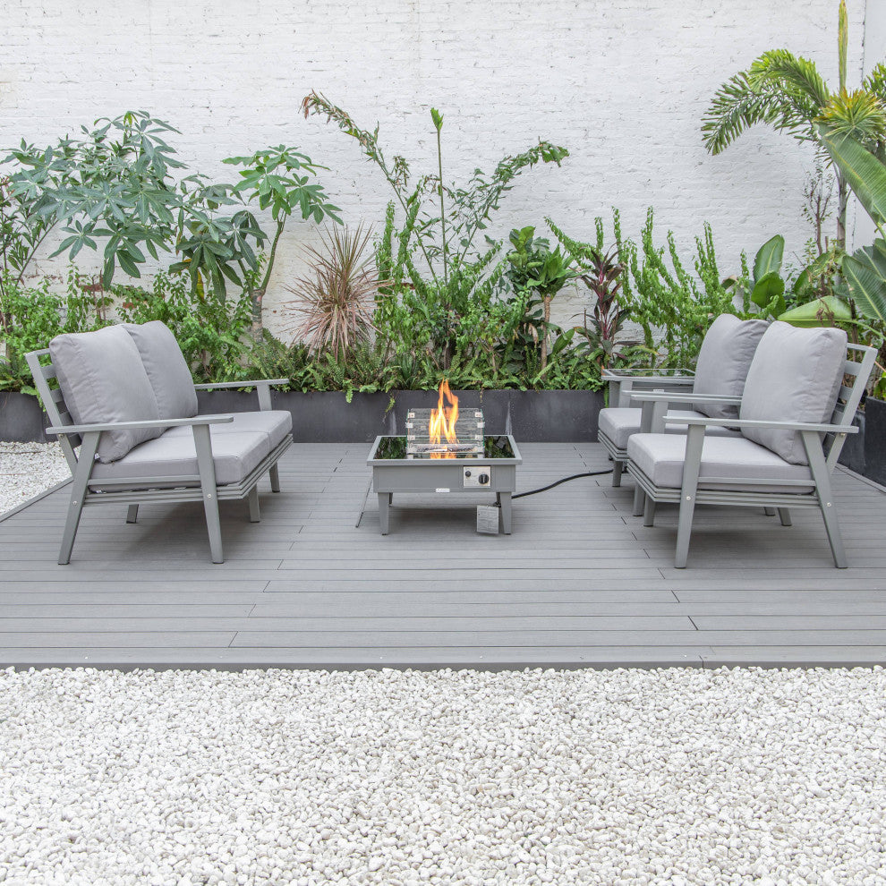 LeisureMod Walbrooke Grey Patio Sofa Set With Square Fire Pit Table, Grey