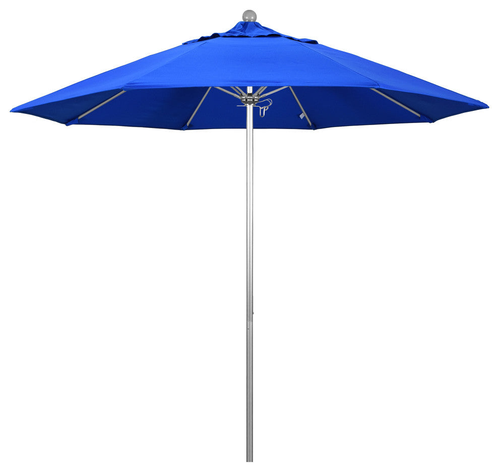 9' Fiberglass Umbrella Pulley Open Silver Anodized, Sunbrella, Pacific Blue