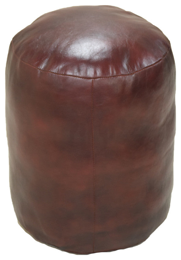 Pouf-Solid Handmade Leather Pouf (Recycled Foam with Fiber Fill), Cherry, [Round]14x14x14