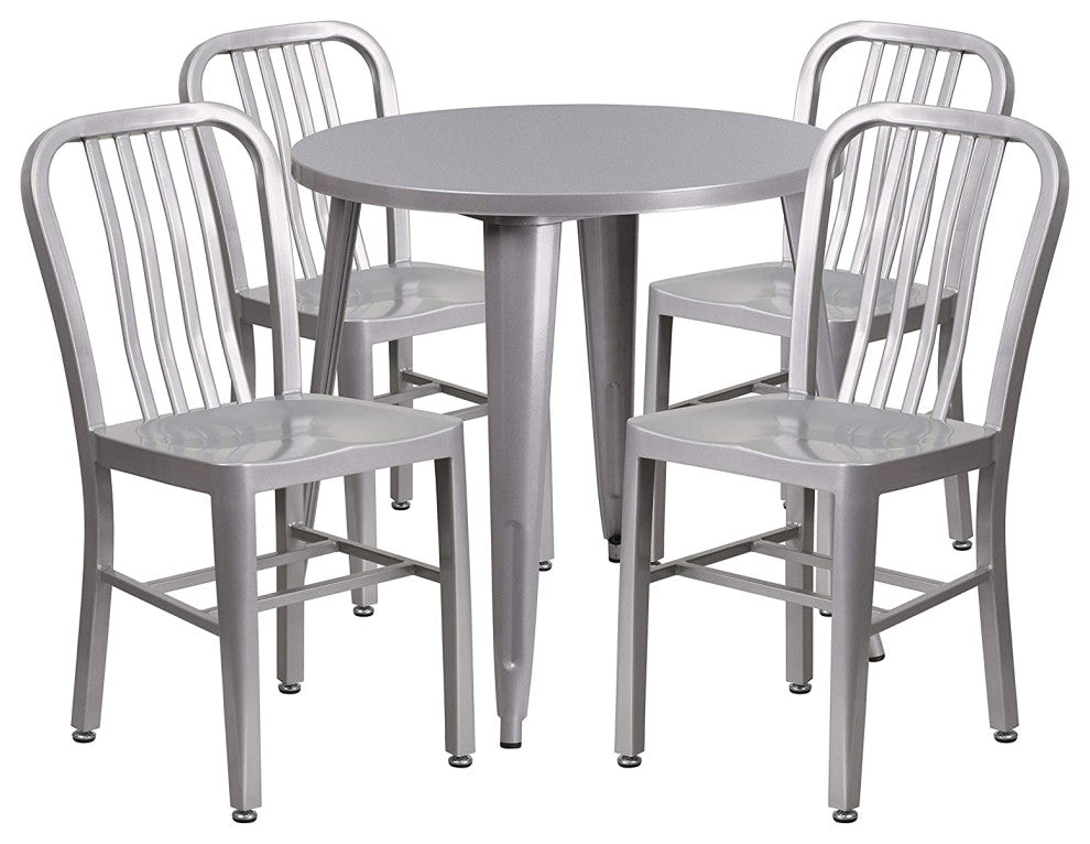 5-Piece Patio Dining Set with Round Table and Slatted Back Chairs, Gray