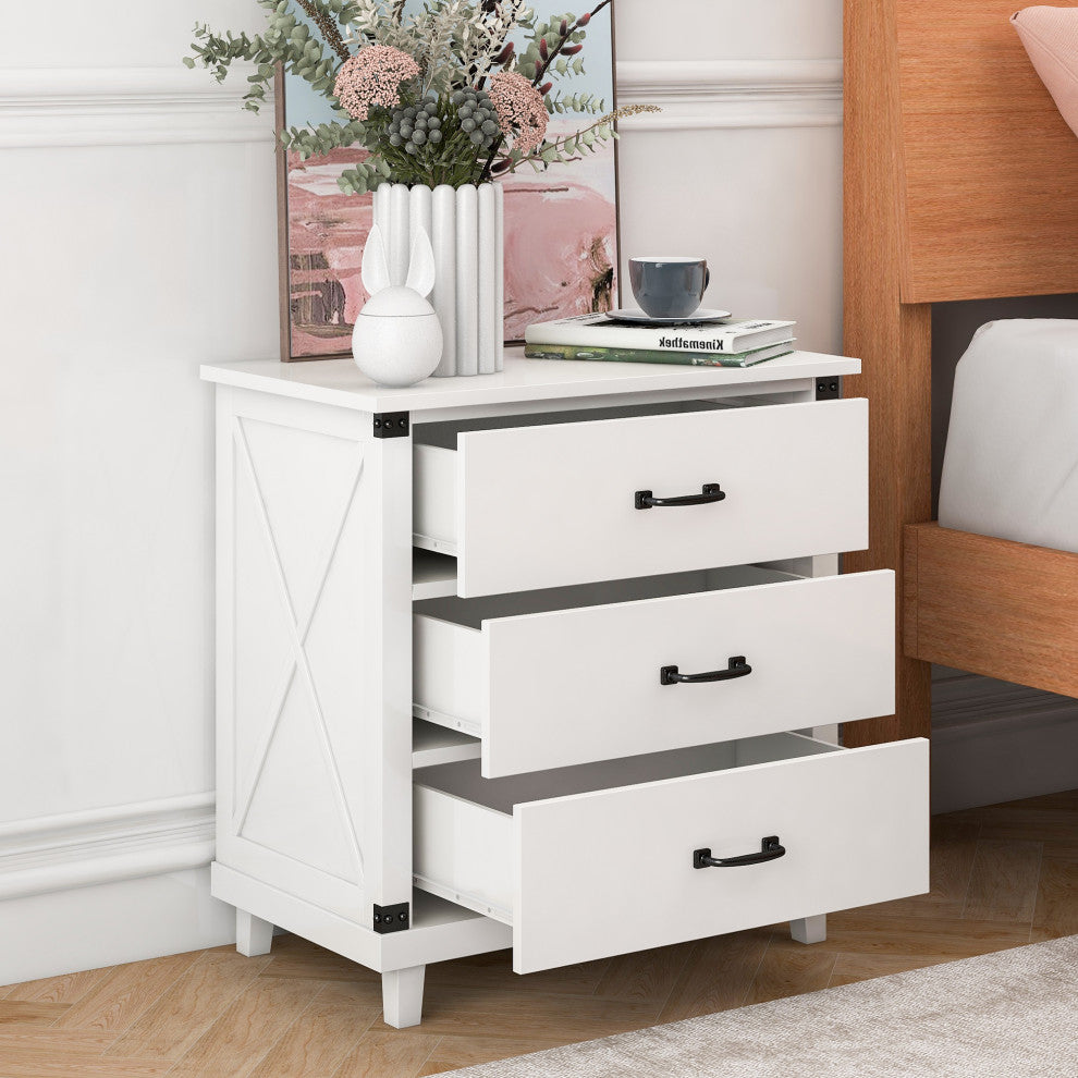 Wood 3-Drawer Nightstand, White, 28" Tall