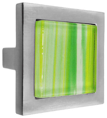 Hand Brushed Yellow Green Stripes Crystal Glass Brushed Nickel Square Manor Knob