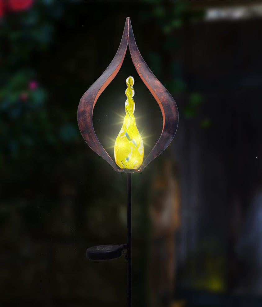 Solar Hand Blown Glass Yellow Flame Garden Stake Outdoor Yard Art