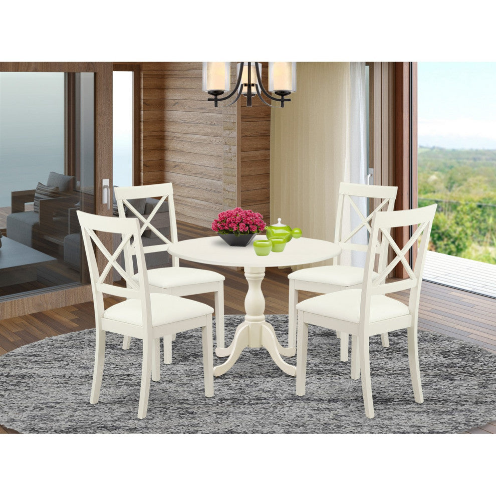 5 Pc Dining Set, 1 Drop Leaves Table, 4 Linen White Faux Leather Chairs