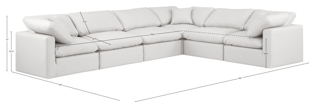 Indulge Upholstered Modular L-Shaped Sectional, Cream, 6-Piece: 3 Armless Chair, 3 Corner Chair, Fiber Stuffed Vegan Leather
