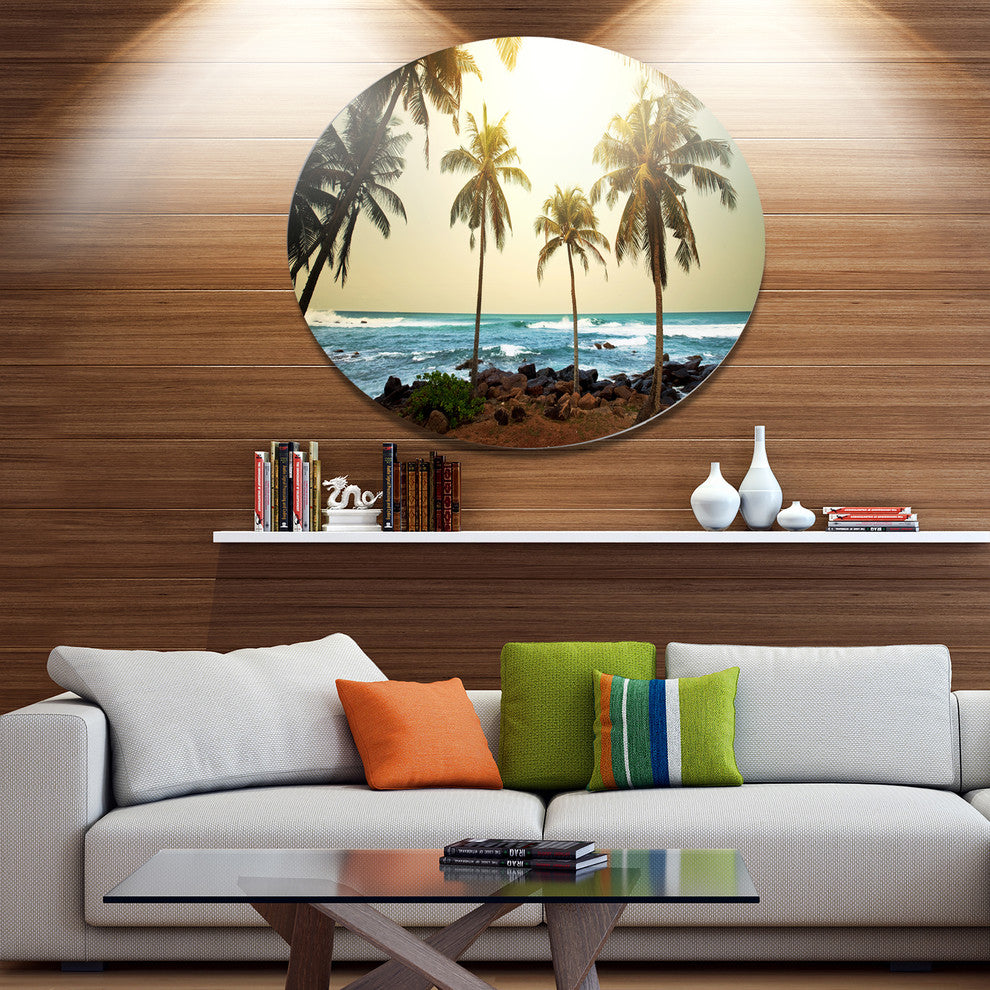 Rocky Tropical Beach With Palms, Seashore Round Wall Art, 36"
